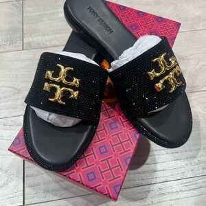 Tory Burch Black Slides with Gold Logo